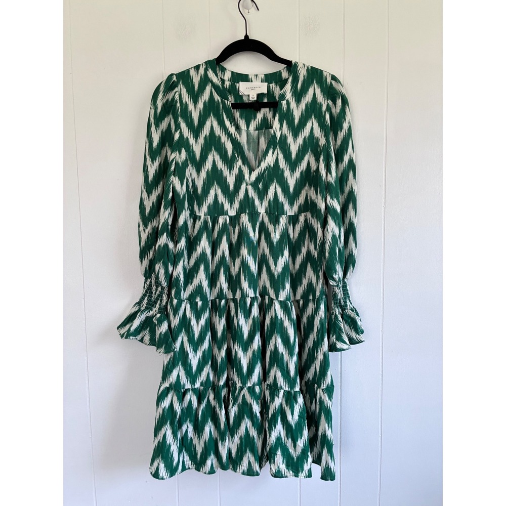 Pomander Place Green White Ikat Chevron Tiered Mini Dress Smocked Ruffle S - Picture 1 of 8
